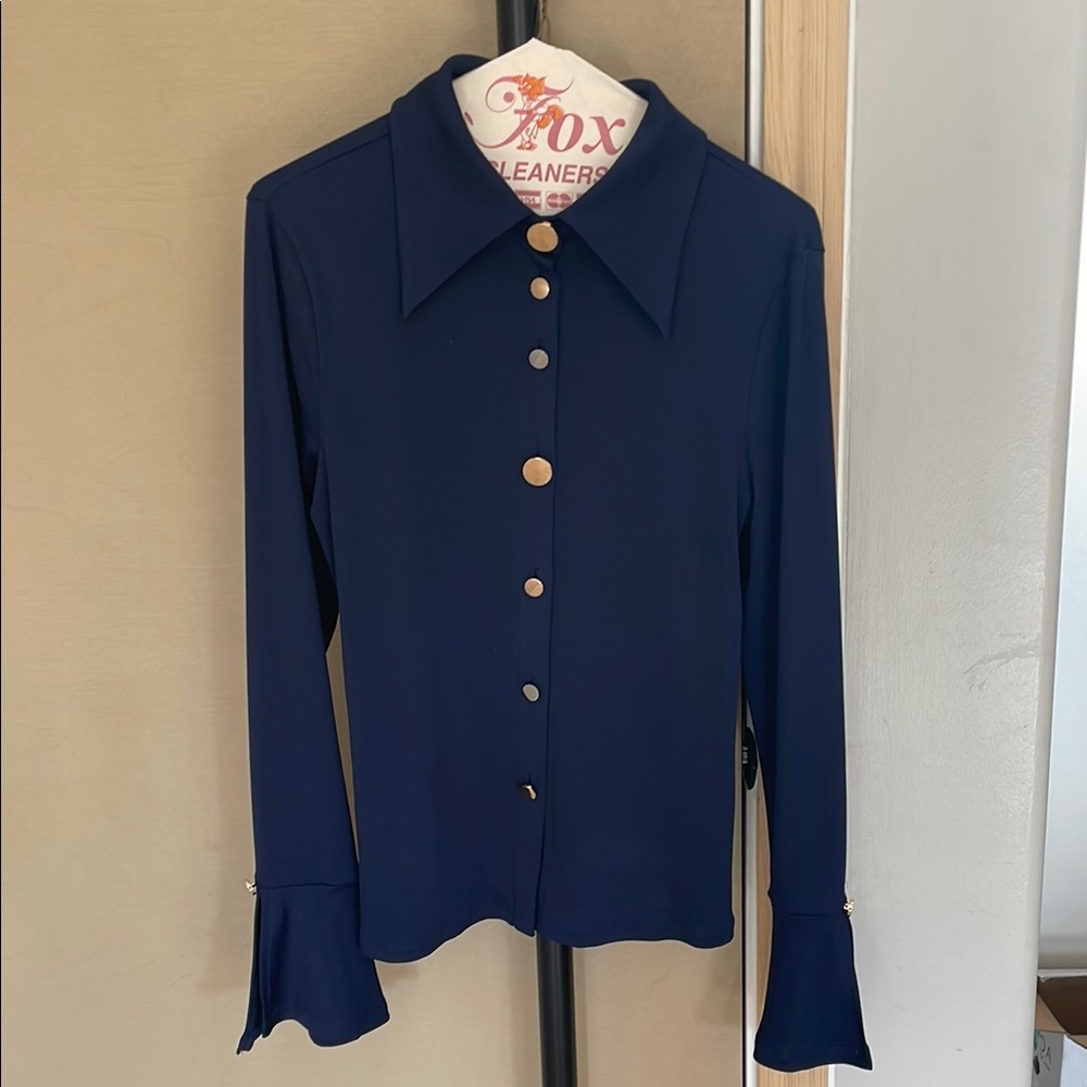 Commense Navy Button-Front Long Sleeve Shirt with Gold Buttons
